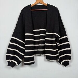 Chunky Black and White Striped Women's Cardigan, Bubble Sleeve, Size M